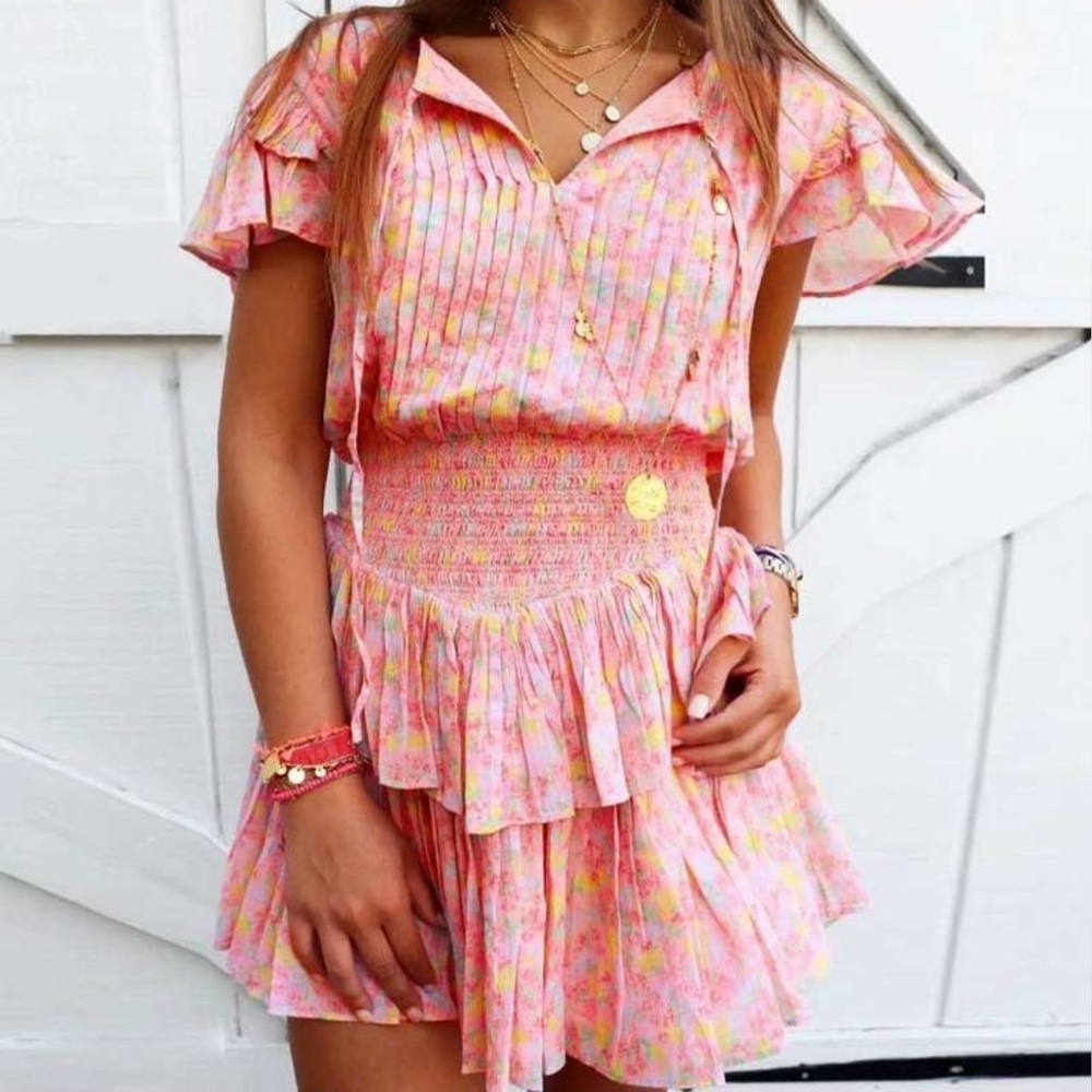 Loveshackfancy 🎀 Audette Pink Floral Cotton Ruffled Mini Dress S